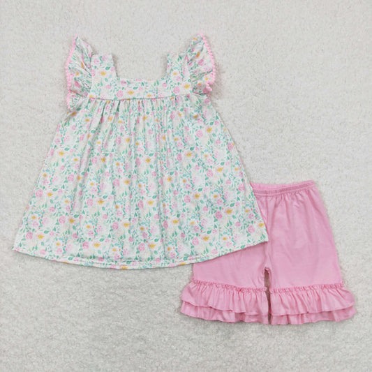 Baby Girl Short Sleeves Tunic Cotton Pink Ruffle Shorts Floral Set
