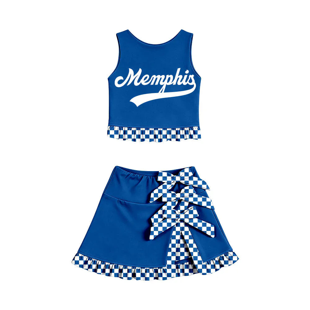 ( Moq 5 ) Sibling Baby Girls Kids Sleeveless Cheer Blue Vest Checked Bows Skirt Shorts Team Set Clothes