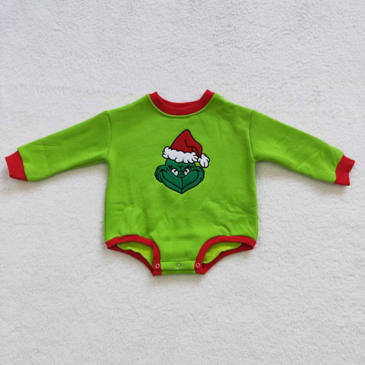 LR0277 Christmas Baby Kids Green Long Sleeves Face Sweater Embroidery Romper