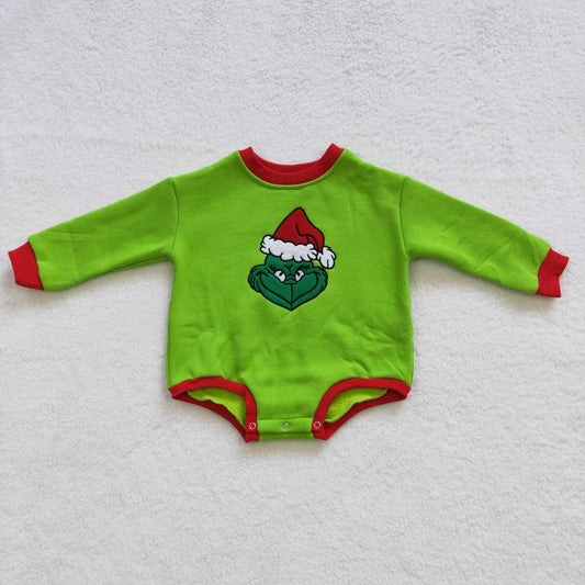 LR0277 Christmas Baby Kids Green Long Sleeves Face Sweater Embroidery Romper
