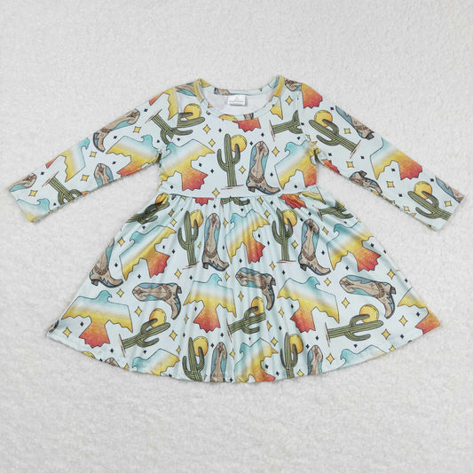 GLD0349 Baby Girl Western Cactus Boots Long Sleeves Dress