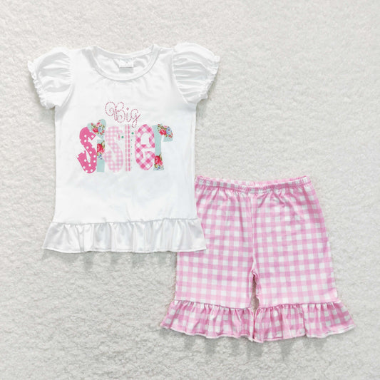 GSSO0395 Baby Girl Short Sleeves Sister Shirt Pink Plaid Ruffle Shorts Set