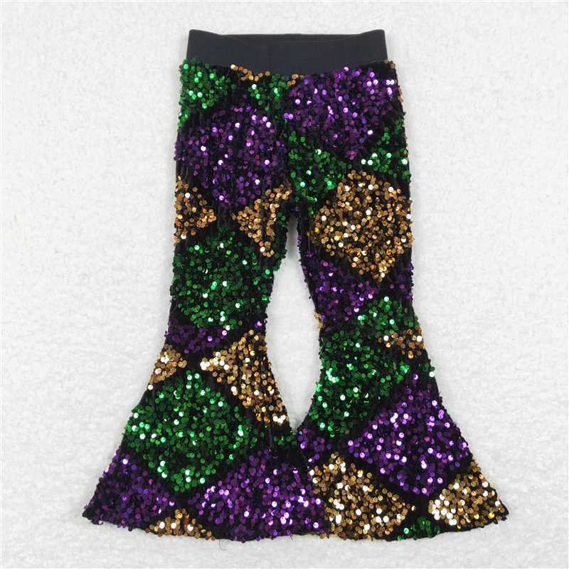 Sibling Baby Girls Stripes Sequins Mardi Gras Bell Bottom Pants RTS