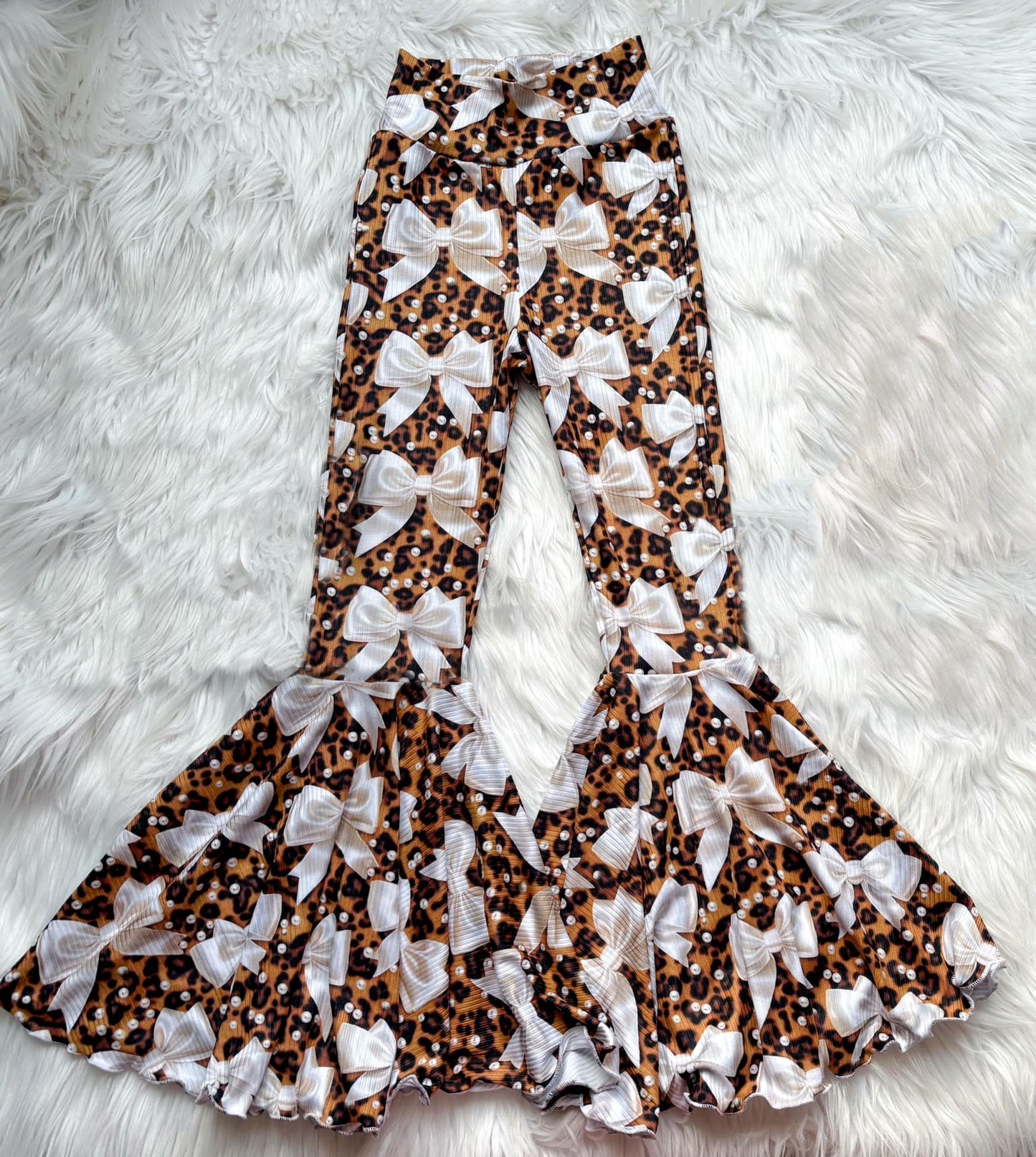 Preorder Adult Women Leopard Pearl Bows Bell Bottom Pants ( Moq 5 )