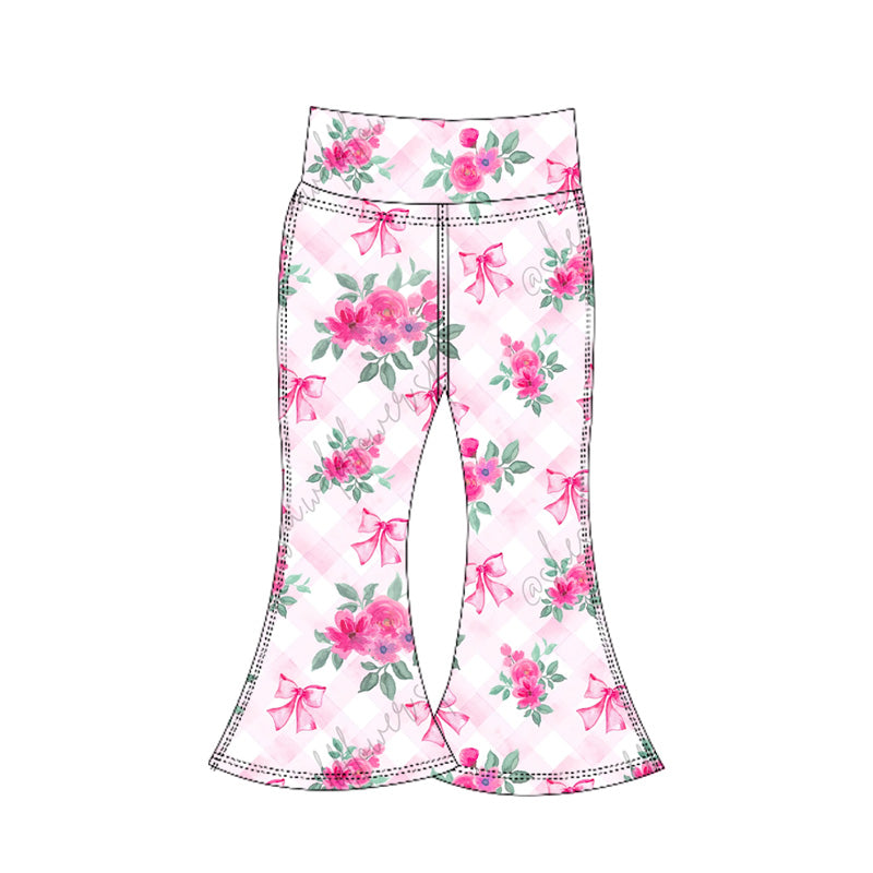 ( Moq 5 ) Preorder Baby Girl Pink Plaid Floral Bows Yoga Active Bell Pants