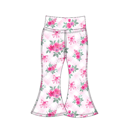 ( Moq 5 ) Preorder Baby Girl Pink Plaid Floral Bows Yoga Active Bell Pants