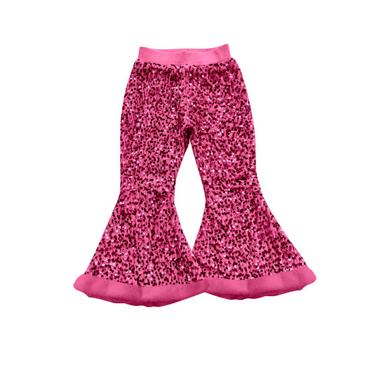 ( Moq 5 ) Preorder Baby Girl Hot Pink Sequins Fur Bell Bottom Pants