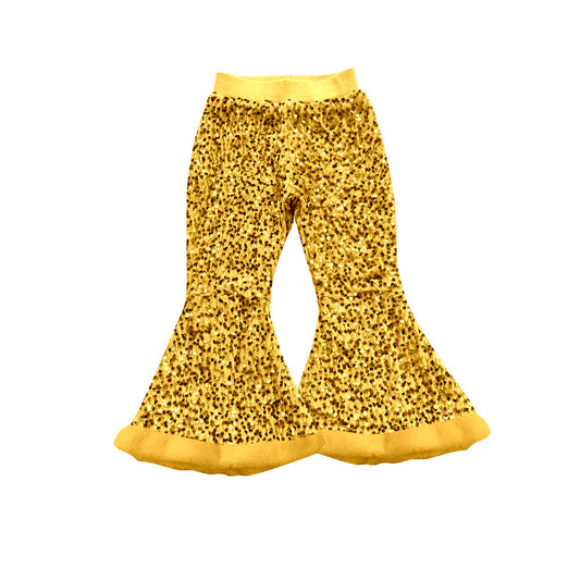 ( Moq 5 ) Preorder Baby Girl Yellow Sequins Fur Bell Bottom Pants