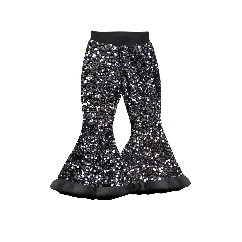 ( Moq 5 ) Preorder Baby Girl Black Sequins Fur Bell Bottom Pants