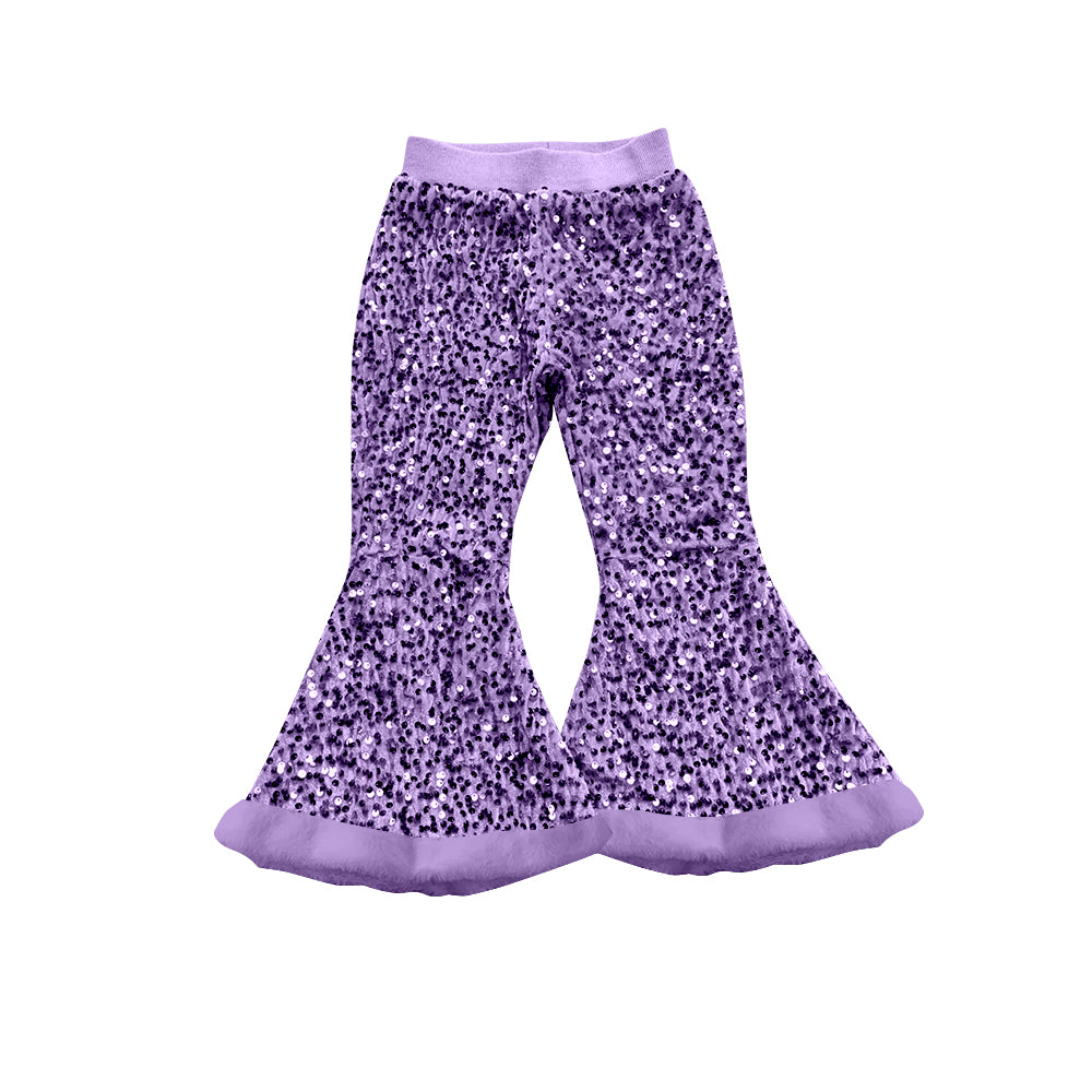 ( Moq 5 ) Preorder Baby Girl Purple Sequins Fur Bell Bottom Pants