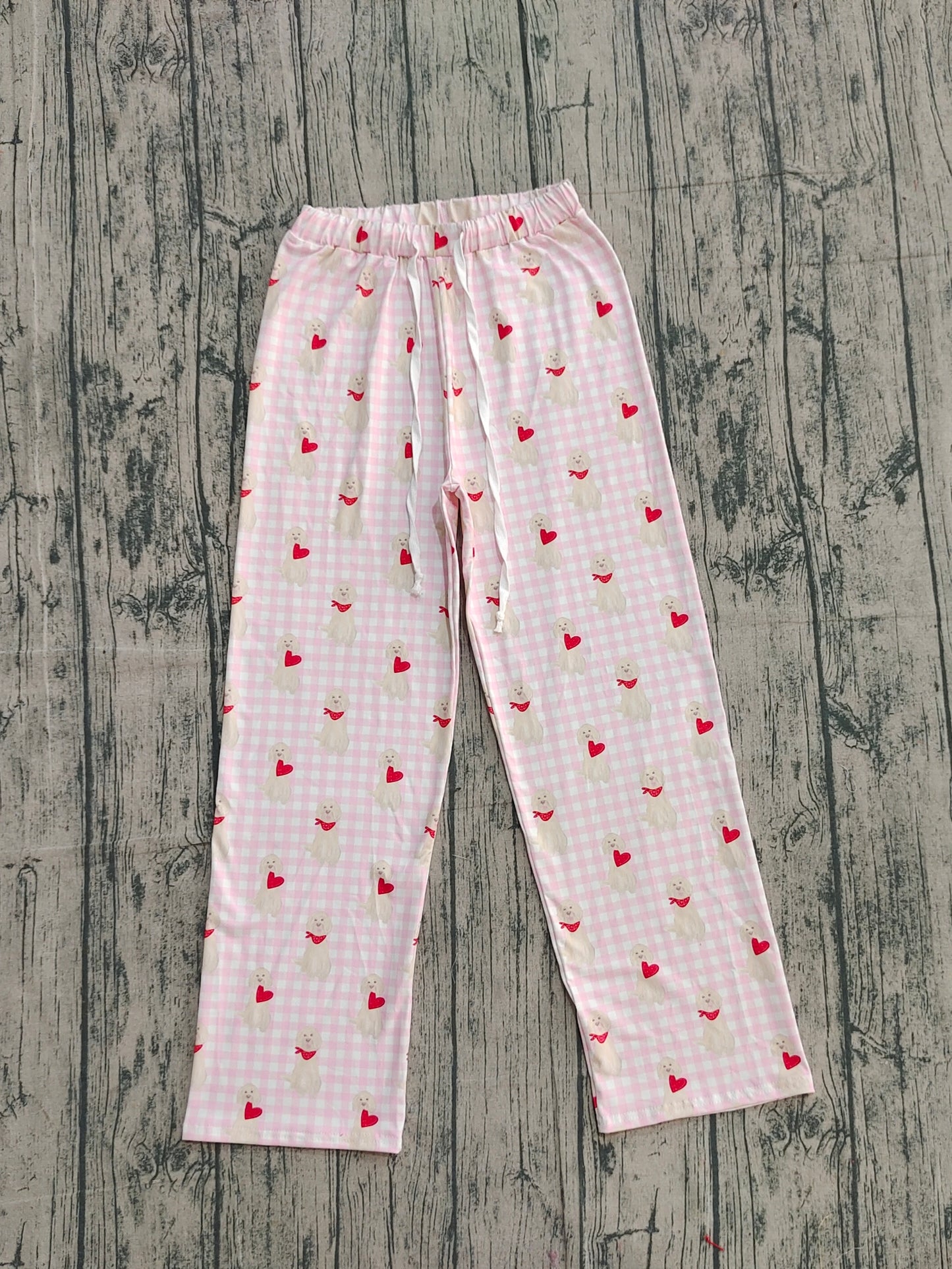 Adult Woman Dogs Hearts Plaid Valentine's Day Pink Pajamas Pants RTS