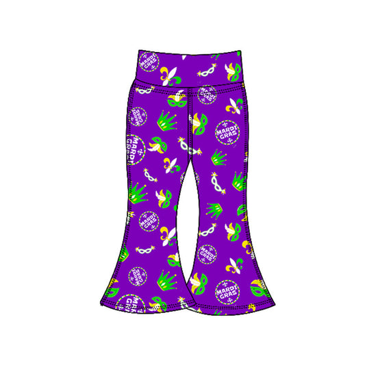 ( Moq 5 ) Preorder Baby Girls Mardi Gras Masks Yoga Purple Bell Bottom Pants