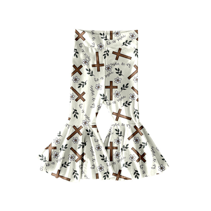 ( Moq 5 ) Preorder Baby Girls He is Risen Cross Flower Easter Bell Bottom Pants