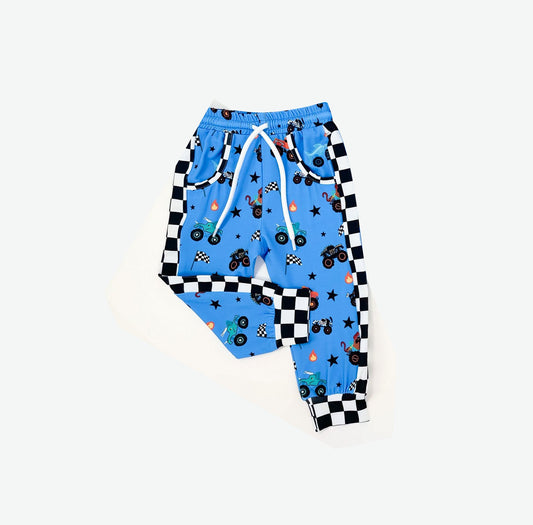 ( Moq 5 ) Preorder Baby Boys Blue Trucks Flags Pockets Pants