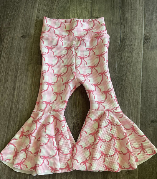 ( Moq 5 ) Preorder Baby Girls Pink Bows Checked Bell Bottom Pants