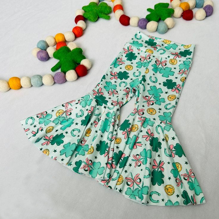 ( Moq 5 ) Preorder Baby Girls Bows Clovers St Patrick Bell Bottom Pants Green Bottom
