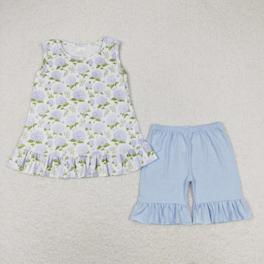 Baby Girl Sleeveless Flower Tops Blue Shorts Summer Set
