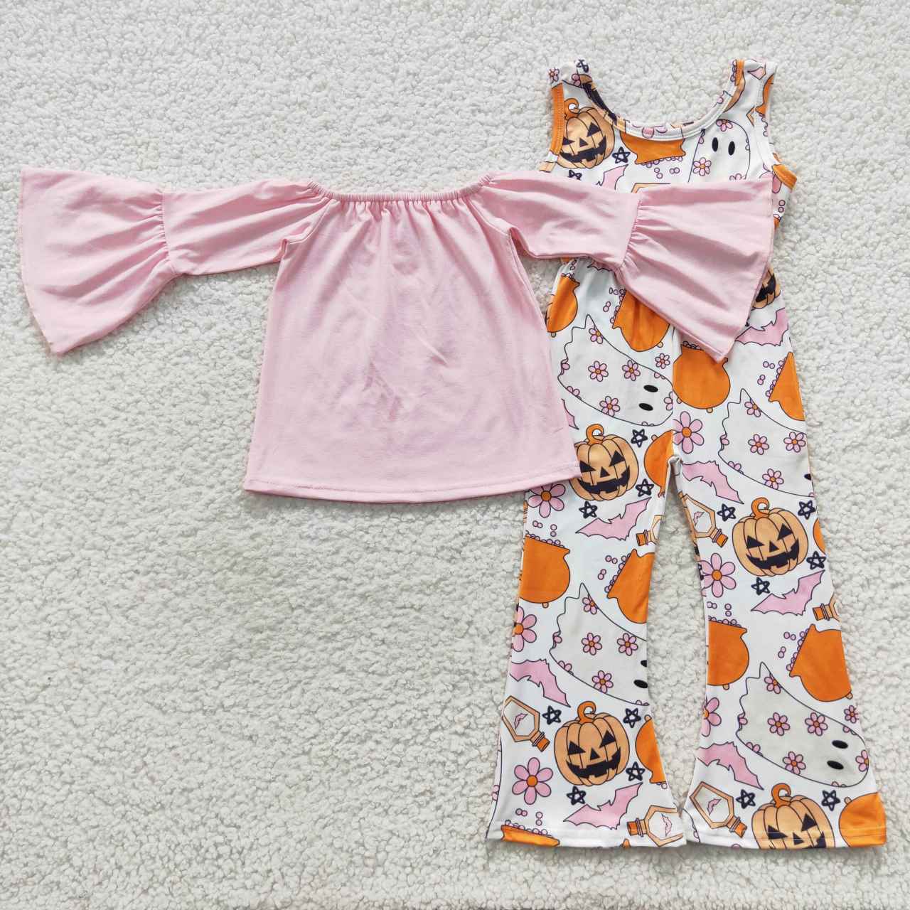GLP0568 Baby Girl Pink Long Sleeves Tops Pumpkin Ghost Floral Overall Halloween Outfit