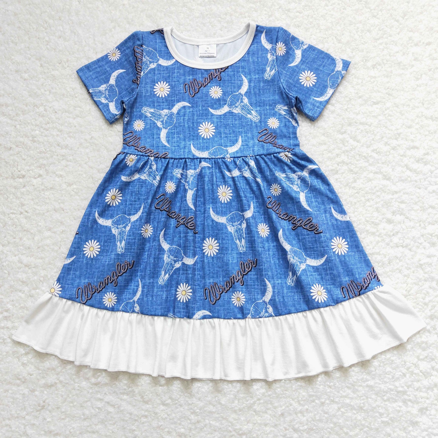 GSD0756 Baby Girl Short Sleeves Western Cow Floral Blue Dress