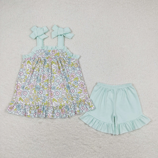 Baby Girl Sleeveless Flower Tops Light Blue Cotton Shorts Set