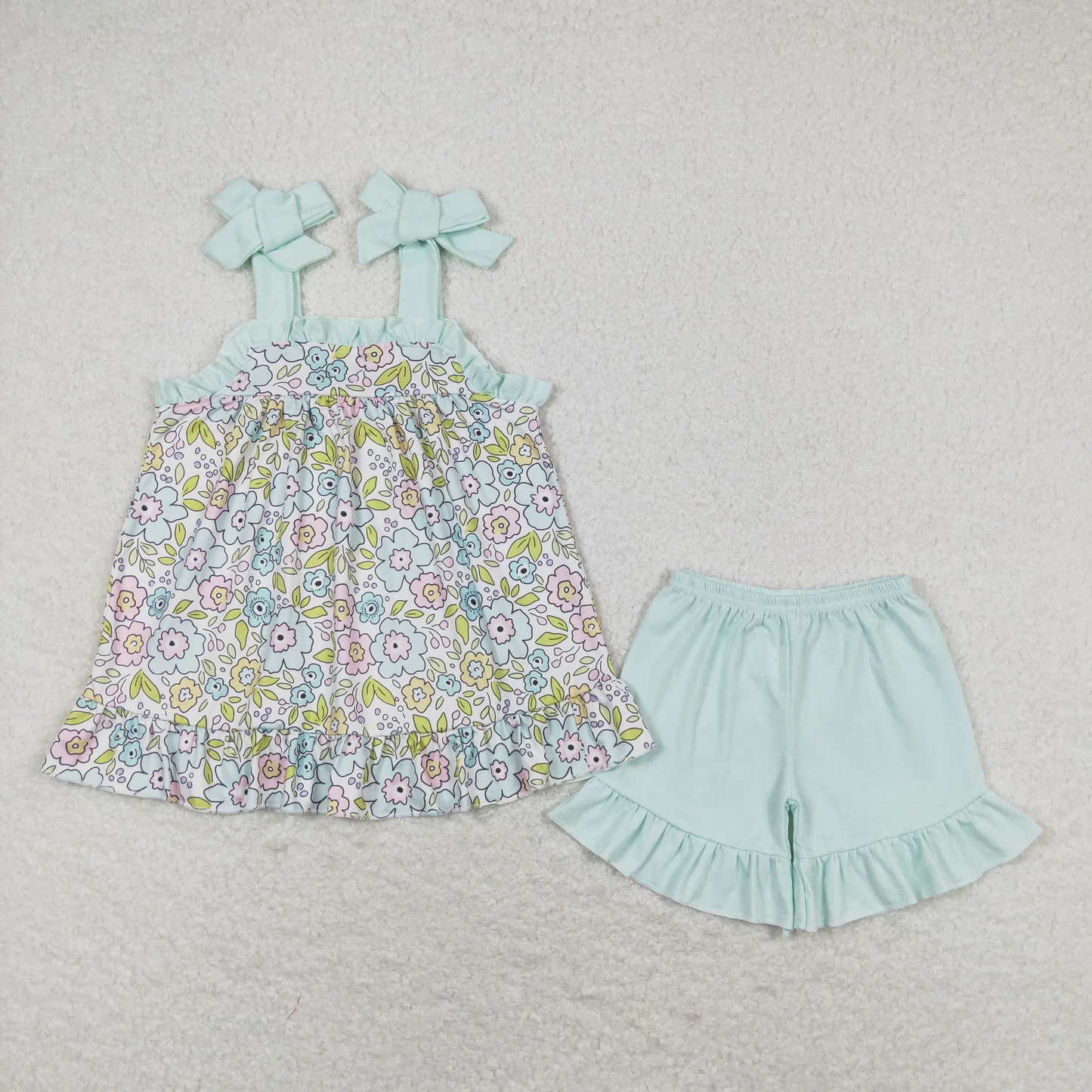 Baby Girl Sleeveless Flower Tops Light Blue Cotton Shorts Set