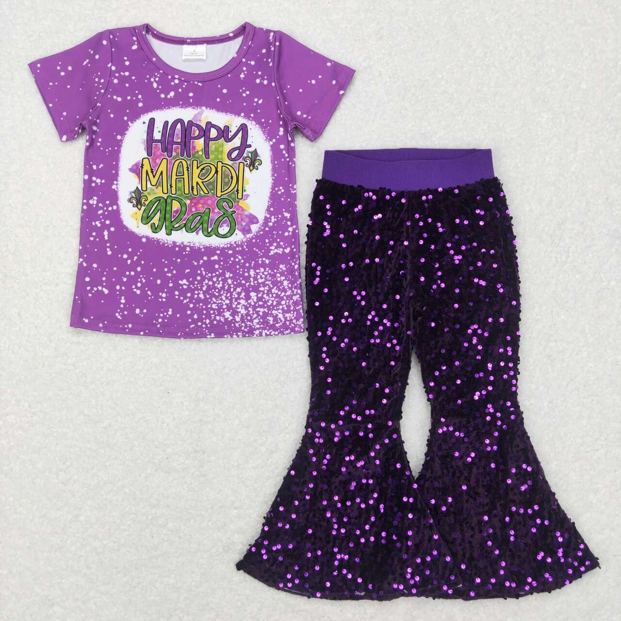Baby Girl Short Sleeves Mardi Gras Shirt Purple Sequins Pants Outfit