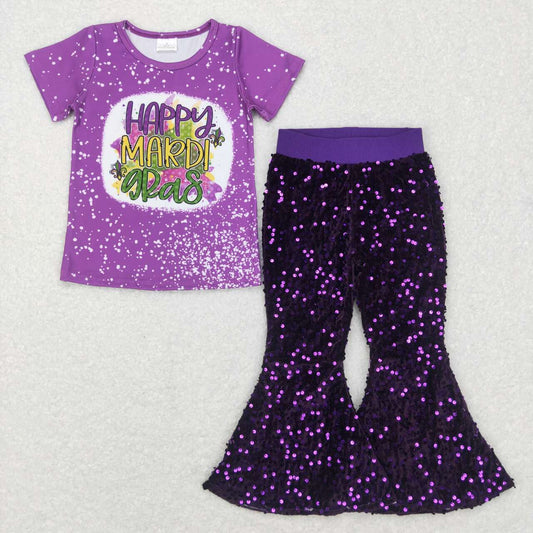 Baby Girl Short Sleeves Mardi Gras Shirt Purple Sequins Pants Outfit