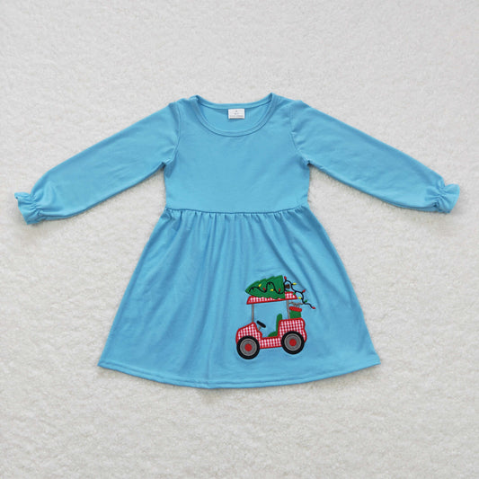 GLD0391 Baby Girl Long Sleeves Christmas Embroidery Truck Tree Blue Cotton Dress