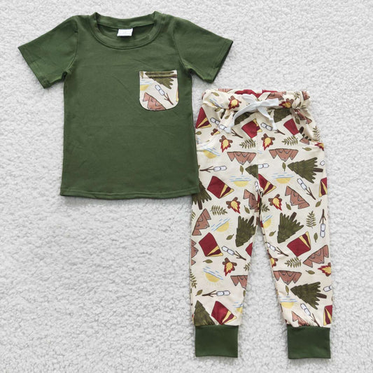 BSPO0127 Baby Boy Short Sleeves Green Shirt Pocket Camping Pants Outfit