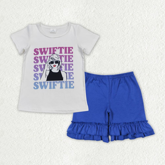 GSSO1382 Baby Girl Singer Shirt Blue Cotton Shorts Summer Set