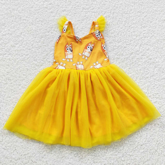 GSD0356 Baby Girl Short Sleeves Summer Dog Yellow Tulle Dress