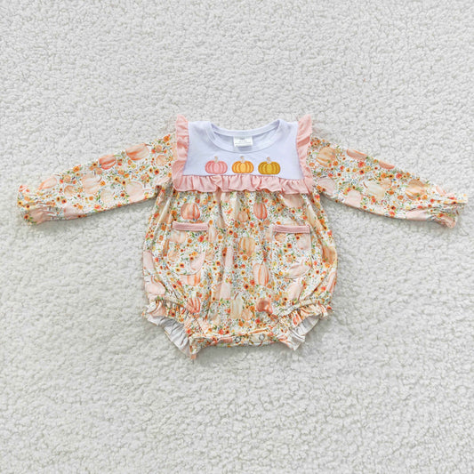 LR0450 Baby Girl Long Sleeves Embroidery Pumpkin Floral One Piece Romper