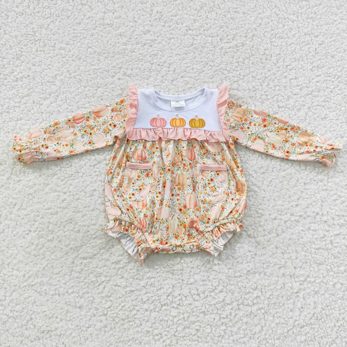 LR0451 Baby Boy Long Sleeves Embroidery Pumpkin Green Cotton One Piece Romper
