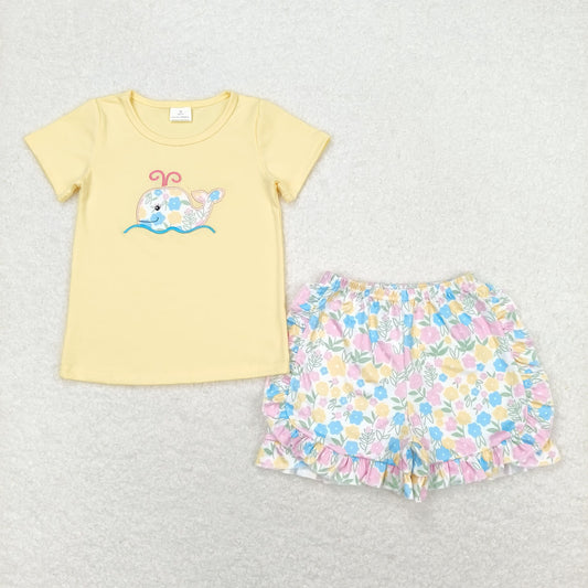 Baby Girl Short Sleeves Embroidery Whale Yellow Shirt Floral Shorts Set