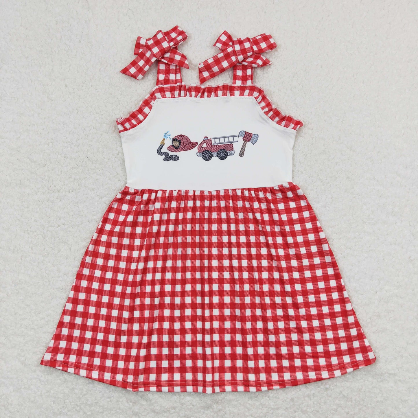 Baby Girl Sleeveless Fire Truck Red Plaid Summer Dress