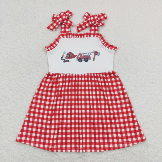 Baby Girl Sleeveless Fire Truck Red Plaid Summer Dress