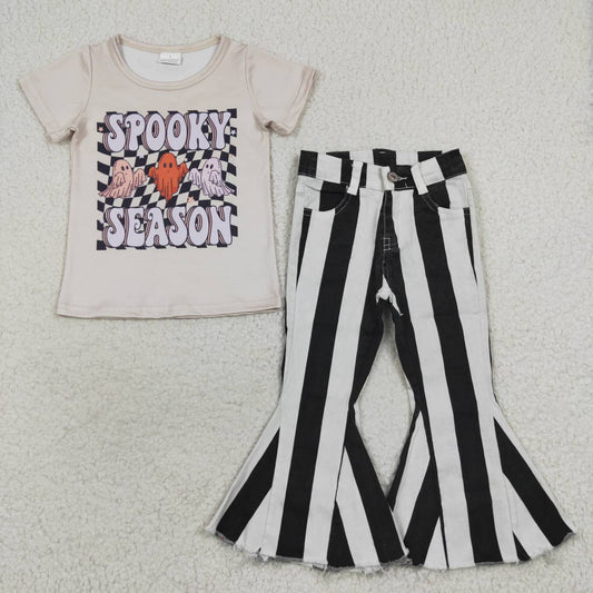 Baby Girl Halloween Spooky Ghost Shirt Stripes Denim Pants Jeans Outfit