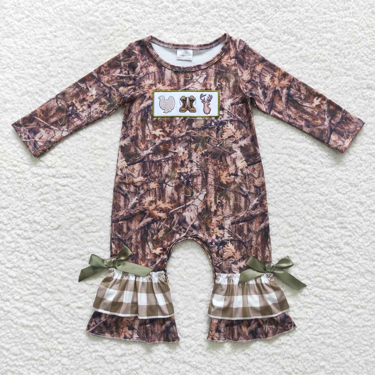 LR0527 Baby Boy Long Sleeves Camo turkey Deer Hunting One Piece Embroidery Romper