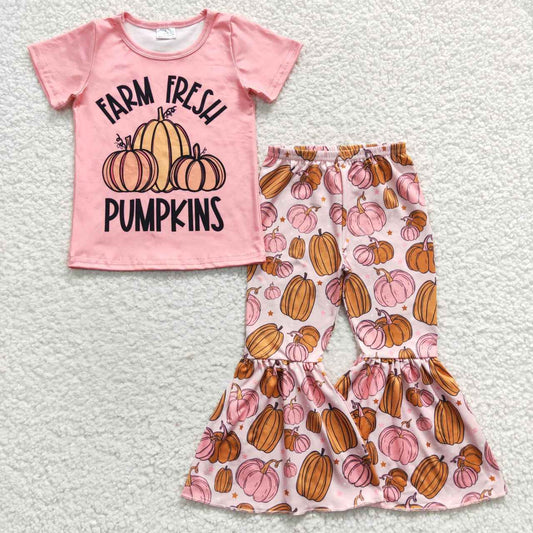 GSPO0607 Baby Girl Short Sleeves Farm Fresh Pumkins Shirt Bell Pants Fall Outfit