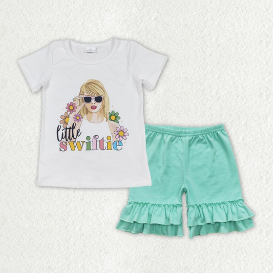 GSSO1384 Baby Girl Singer Shirt Green Cotton Shorts Summer Set