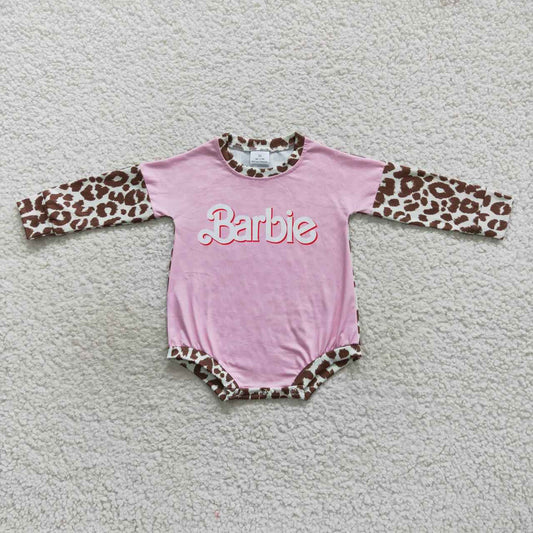 LR0575 Baby Girl Leopard Long Sleeves Doll Pink One Piece Romper