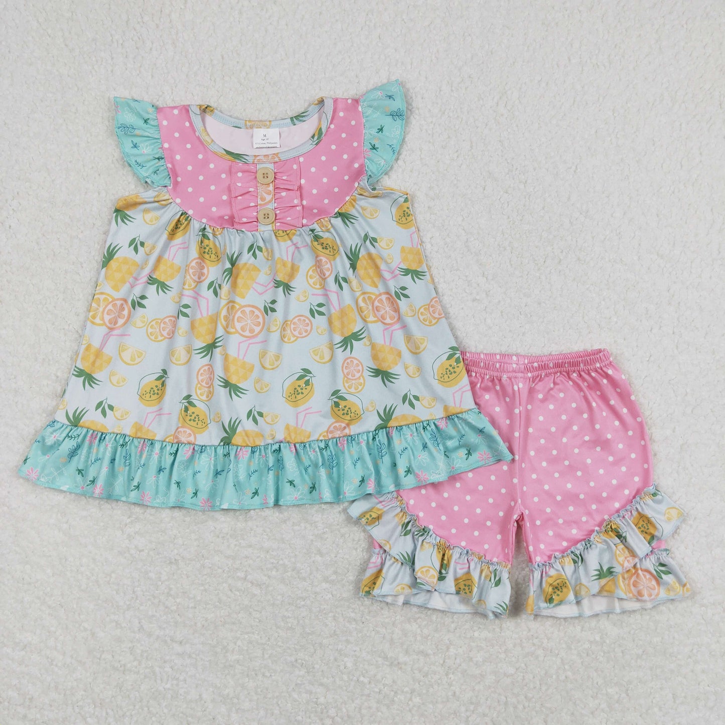 Baby Girl Short Sleeves Lemon Tunic Ruffle Shorts Set
