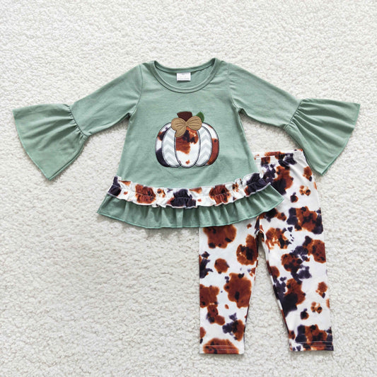 GLP0578 Baby Girl Long Sleeves Embroidery Pumpkin Cow Print Pants Outfit