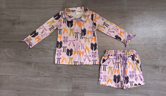 ( No moq ) Preorder Adult Women Halloween Bows Buttons Tops Pockets Shorts Pajamas Purple Set