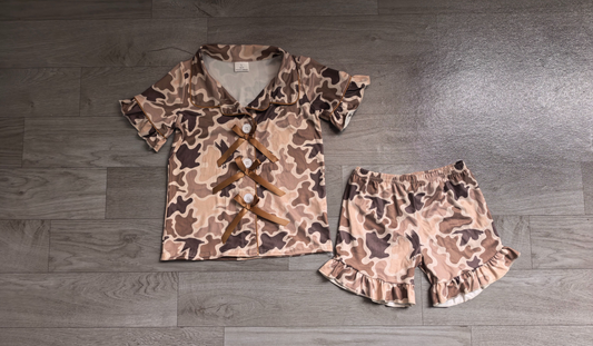 ( No moq ) Preorder Baby Girls Kids Brown Camo Ducks Bows Buttons Shirt Ruffle Shorts Hunting Pajamas Set