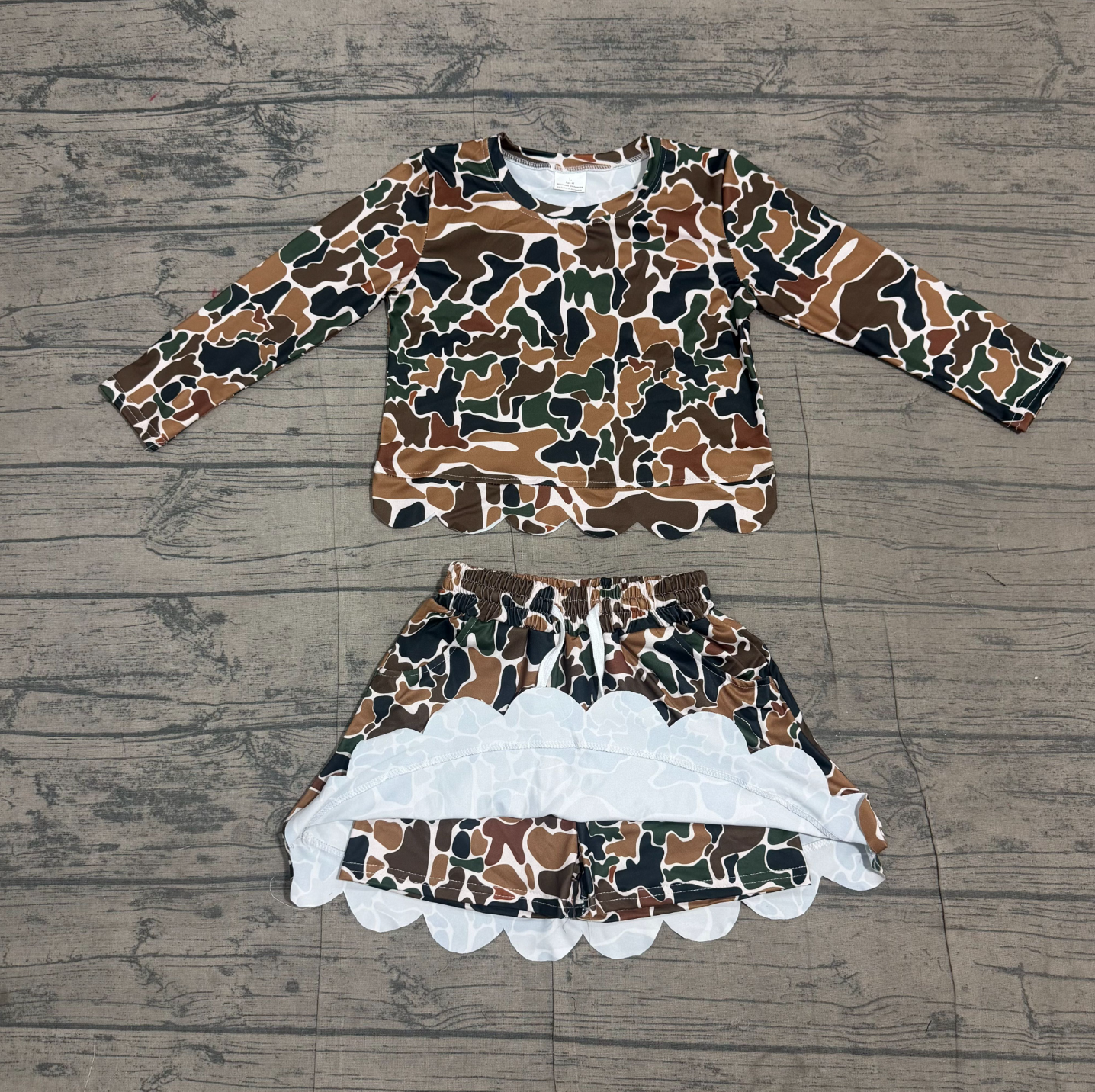 ( No moq ) Preorder Baby Girls Kids Long Sleeves Shirt Scallop Pockets Skirt Shorts Brown Camo Set Clothes