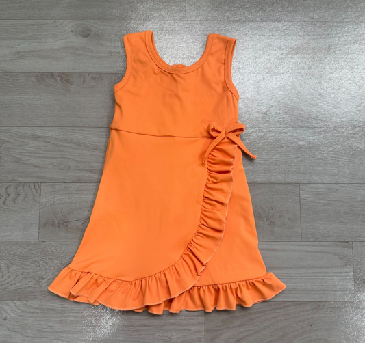( No moq ) Preorder Baby Girls Kids Sleeveless Orange Scallop Yoga Active Knee Length Dress