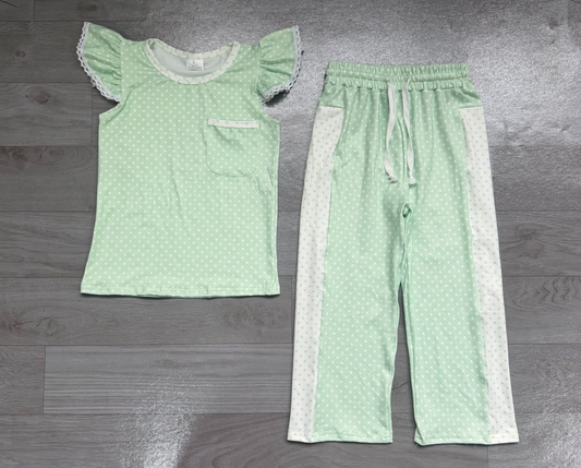 ( No moq ) Preorder Baby Girl Kids Short Sleeves Pocket Shirt Dots Pants Green Set Clothes