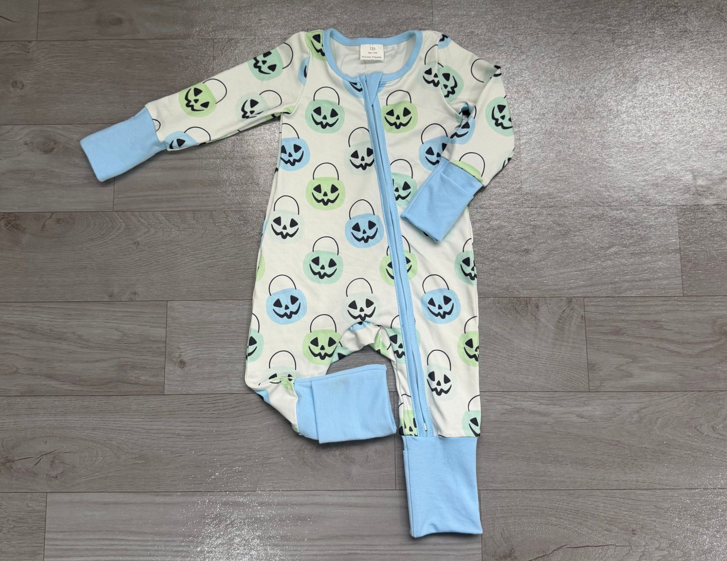 ( No moq ) Preorder Baby Boy Long Sleeves Pumpkins Baskets Halloween Zipper Romper