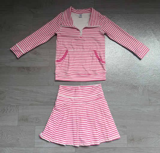 ( No moq ) Preorder Baby Girls Kids Long Sleeves Pink Stripes Zipper Shirt Skirt Shorts Set Yoga Active Clothes